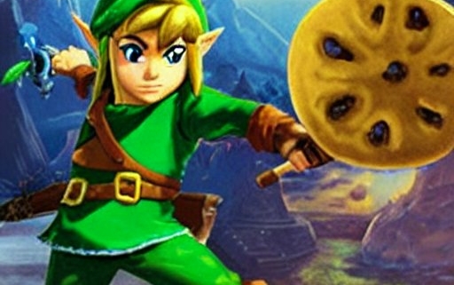Link du jeu Zelda tenant dans sas mains des bananes pour les faire cuire