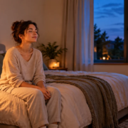 Une femme les yeux fermés au bord de son lit, avec un carnet et une lampe de chevet dans une chambre au calme.