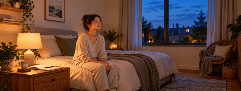 Une femme les yeux fermés au bord de son lit, avec un carnet et une lampe de chevet dans une chambre au calme.